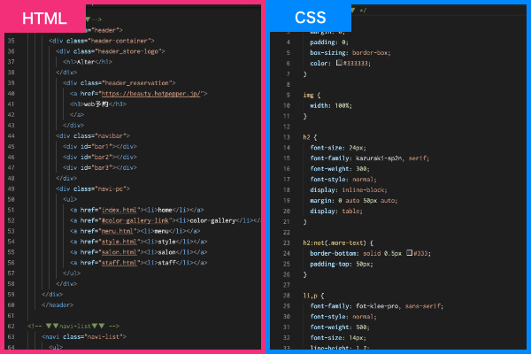 HTML,CSSコーディング画面の例（テキストエディター）