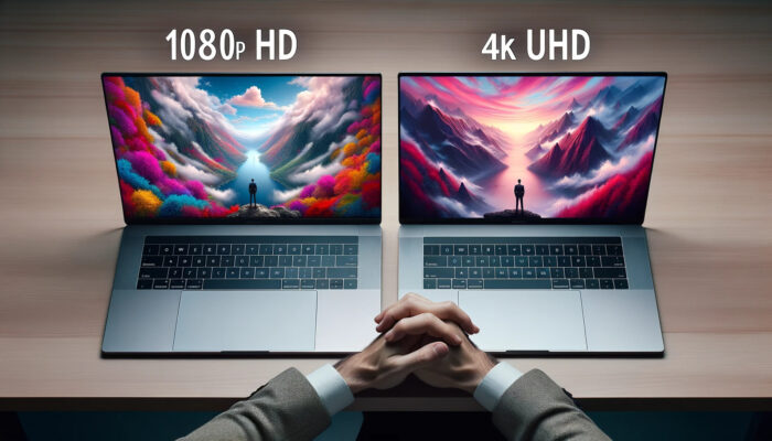 机の上に2台のノートパソコンを並べて比較する人の写真。一方のノートパソコンは標準HDディスプレイ、もう一方は4K解像度を誇る。両者の鮮明さ、色の深さ、シャープネスの違いは明らかだ。それぞれのノートパソコンの上には、「1080p HD」と「4K UHD」を示すラベルが浮かんでいる。