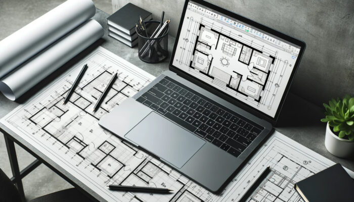 建築家の机の上に置かれた洗練されたノートパソコンの写真。画面には鮮明な2次元CADによる平面図が表示されている。図面には、建物のレイアウトが明確な線、部屋のラベル、寸法で示されている。ノートパソコンの周りには製図ツールとメモが置かれている。