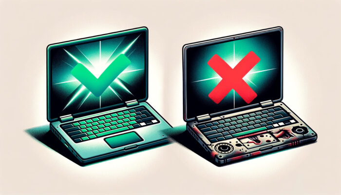 片方はピカピカの新しいノートパソコン、もう片方は錆びついた古いノートパソコンのイラスト。新しいノートパソコンの方には、緑色のチェックマークがついている。古いノートパソコンの方には赤い「X」マークがあり、古い方を選ぶべきではないことを示している。
